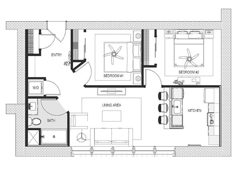 a floor plan of a house with bedrooms and a living room